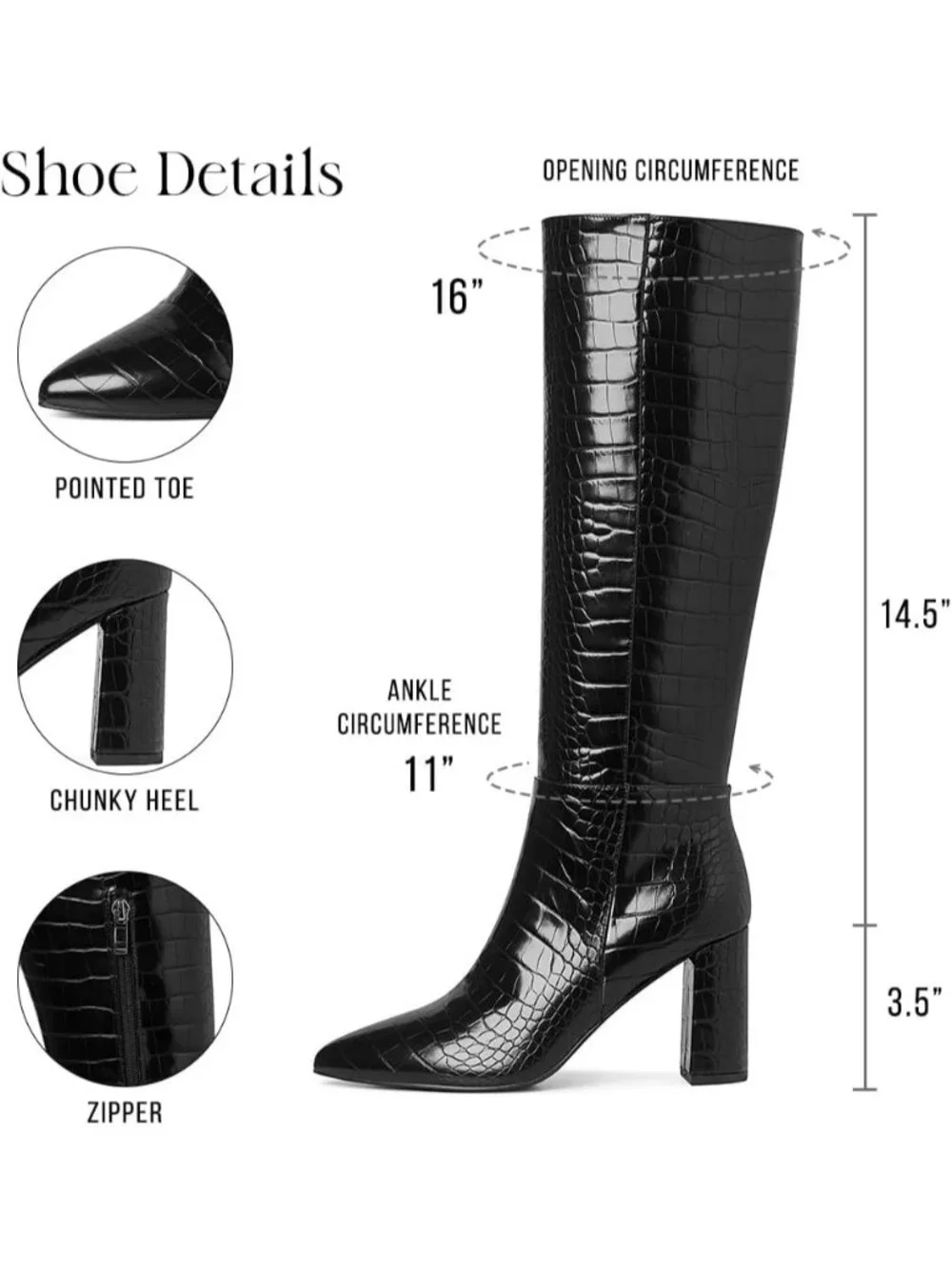 Women's Black Chunky Heel Pointed Toe Non Slip Side Zipper Knee High Boots